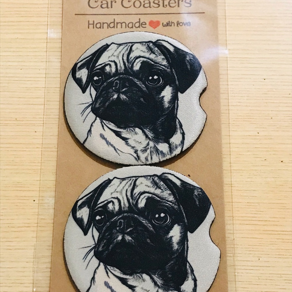 Pug Design Dog Neoprene Car Coasters Set - Handmade